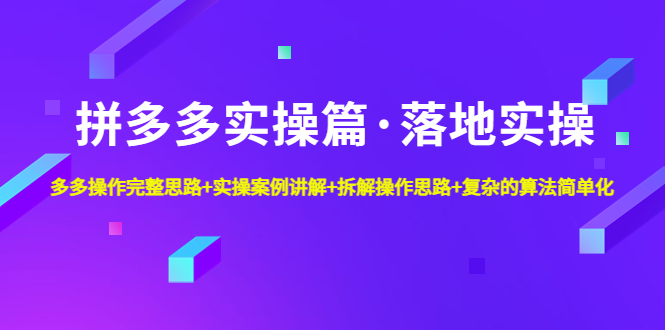 [国内电商]（4947期）拼多多实操篇·落地实操 完整思路+实操案例+拆解操作思路+复杂的算法简单化