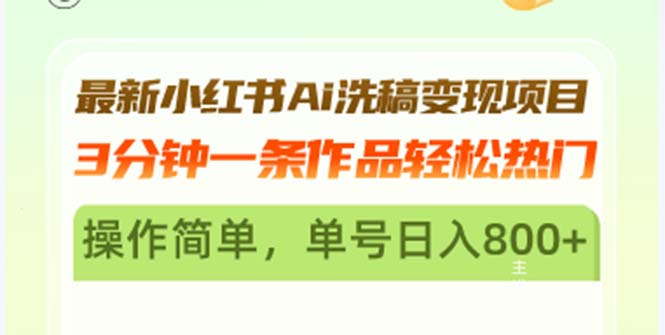[小红书]（13182期）最新小红书Ai洗稿变现项目 3分钟一条作品轻松热门 操作简单，单号日入800+