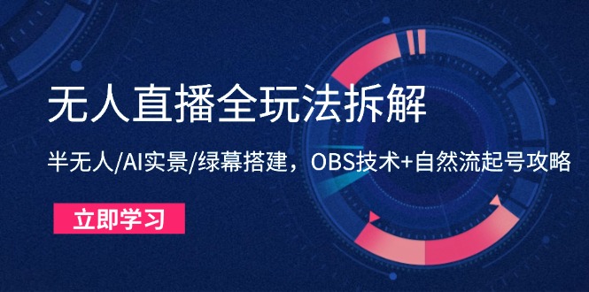 [直播玩法]（14684期）无人直播全玩法拆解：半无人/AI实景/绿幕搭建，OBS技术+自然流起号攻略