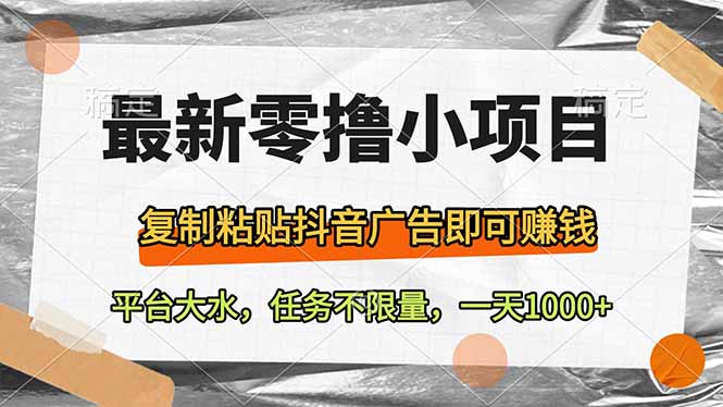 [虚拟项目]（14230期）最新零撸小项目，复制粘贴抖音广告即可赚钱，平台大水，任务不限量，一...