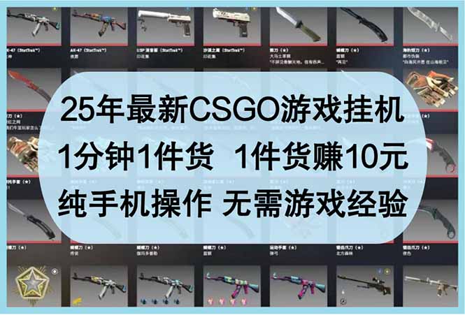[虚拟项目]（14439期）25年最新CSGO游戏挂机，1分钟1件货，1件货赚10元 纯手机操作 无需游戏经验