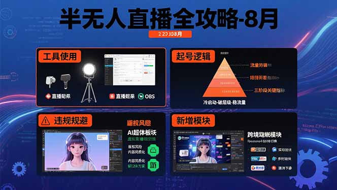 [直播玩法]（15669期）半无人直播全攻略-8月：工具使用+起号逻辑+违规规避,新增AI超体与跨境模块-第1张图片-智慧创业网