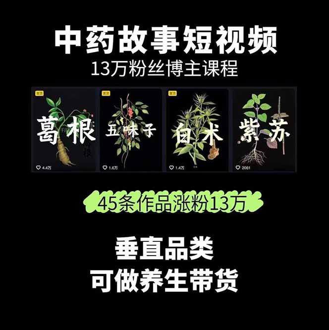 [热门给力项目]（15925期）中草药养生赛道：AI文案+故事模板+橱带货，45条作品涨粉13w+单月变现1万+-第2张图片-智慧创业网