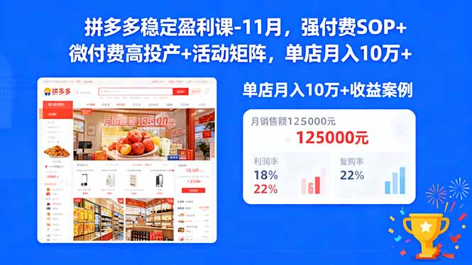 [跨境电商]（16473期）拼多多稳定盈利课-11月，强付费SOP+微付费高投产+活动矩阵，单店月入10万+