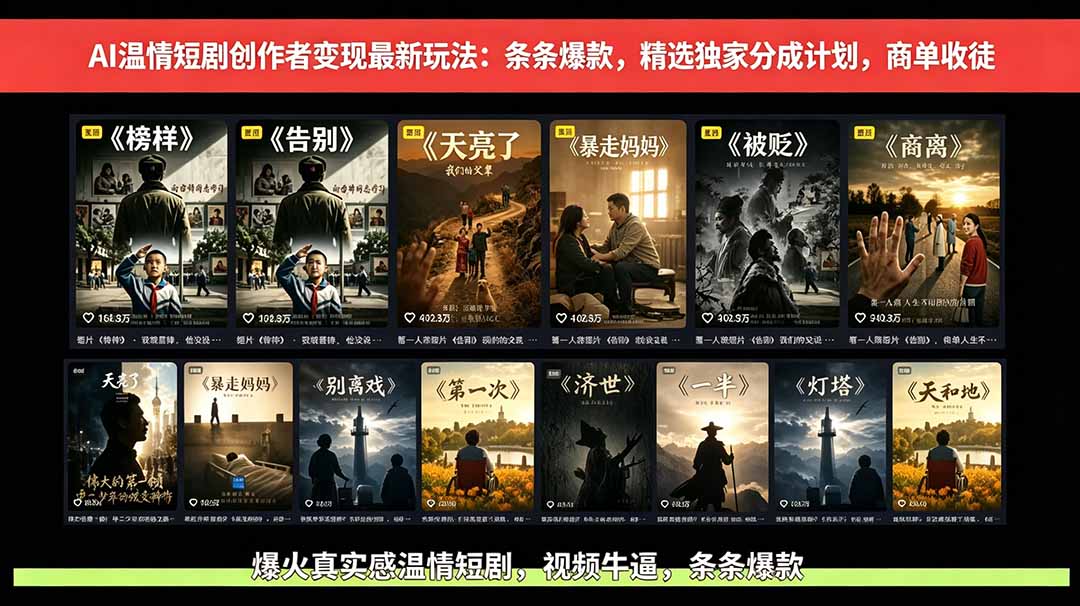 [短视频运营]（18748期）AI温情短剧创作者变现玩法-更新0606：视频牛逼，条条爆款，精选独家分成计划，商单收徒-第1张图片-智慧创业网