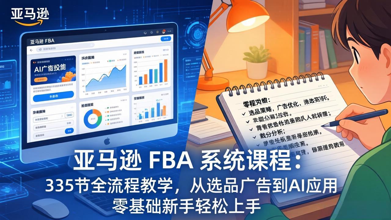 [跨境电商]（17744期）亚马逊 FBA 系统课程（更新26年3月）335节全流程教学，从选品广告到AI应用，零基础新手轻松上手