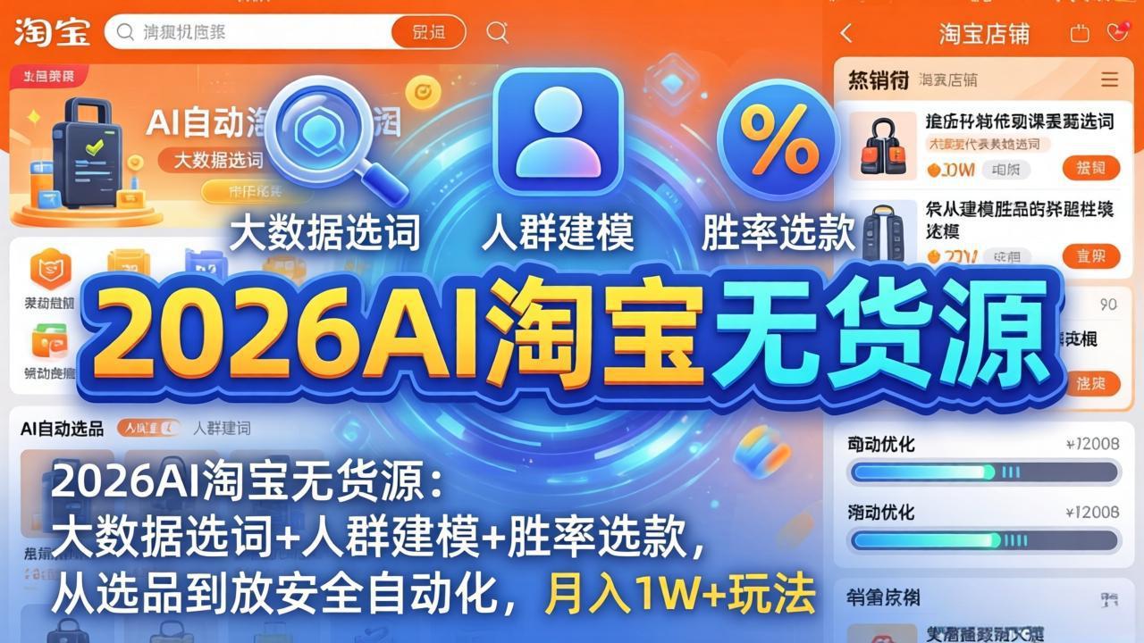 [无货源]（17812期）2026AI淘宝无货源：大数据选词+人群建模+胜率选款，从选品到放大全自动化，月入1W+玩法