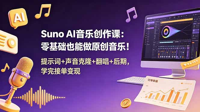 [AI人工智能]（18945期） Suno AI音乐创作课：零基础也能做原创音乐！提示词+声音克隆+翻唱+后期，学完接单变现