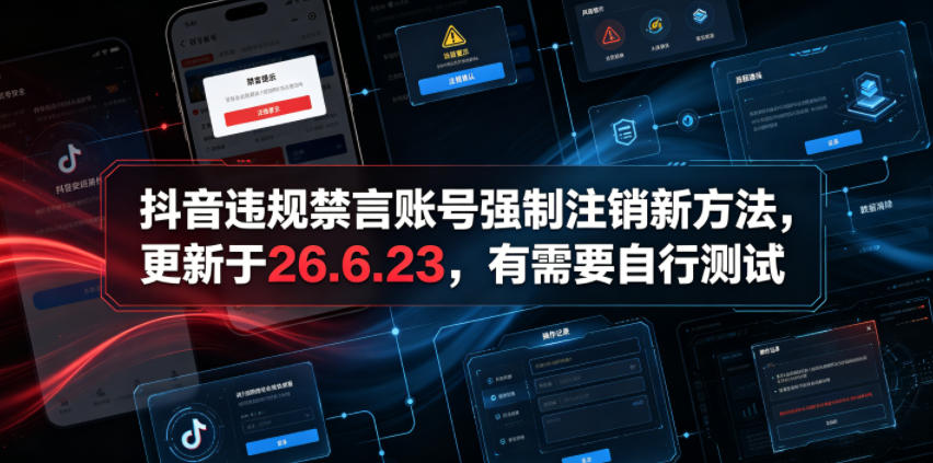 [其它资料]（19015期）抖音违规禁言账号强制注销新方法，更新于26.6.23，有需要自行测试