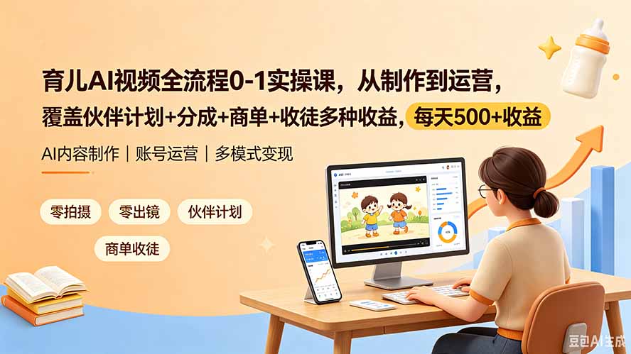 [短视频运营]（19236期）育儿AI视频全流程0-1实操课，从制作到运营，覆盖伙伴计划+分成+商单+收徒多种收益，每天500+收益-第1张图片-智慧创业网