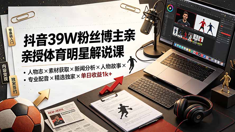 [短视频运营]（19476期）抖音39W粉丝博主亲授体育明星解说课：人物志×素材获取×新闻分析×人物故事×专业配音×精选独家×单日收益1k+-第1张图片-智慧创业网