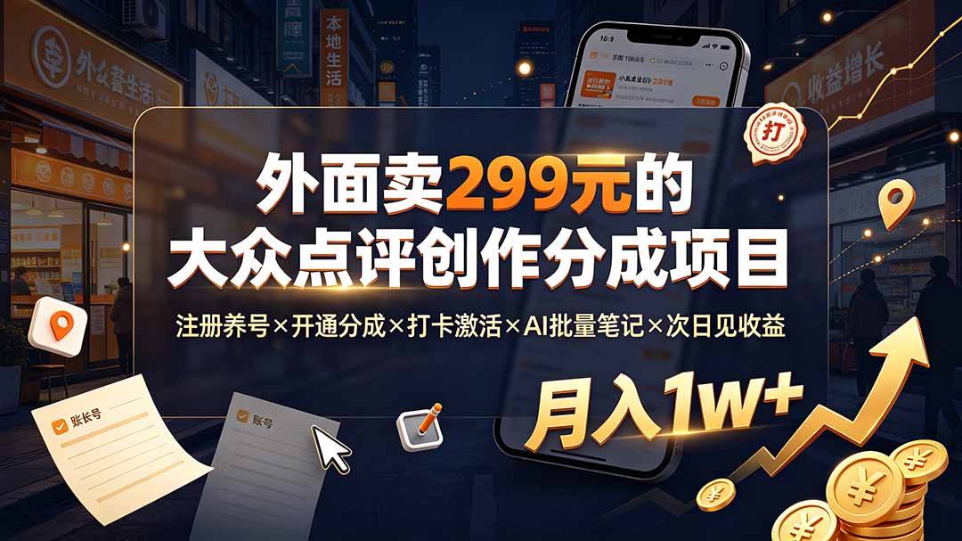 [热门给力项目]（19488期）外面卖299元的大众点评创作分成项目：注册养号×开通分成×打卡激活×AI批量笔记×次日见收益，月入1w+