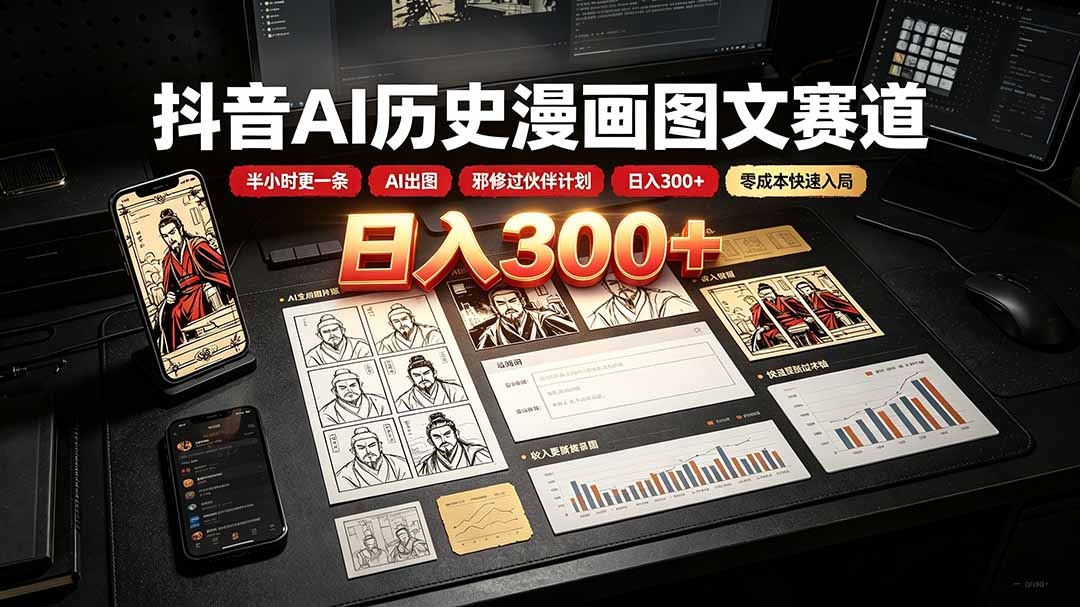 [短视频运营]（19498期）抖音AI历史漫画图文赛道：半小时更一条×AI出图×邪修过伙伴计划×日入300+，零成本快速入局-第2张图片-智慧创业网