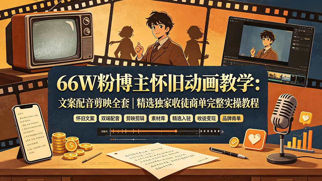 [短视频运营]（19499期）66W粉博主怀旧动画教学：文案配音剪映全套｜精选独家收徒商单完整实操教程
