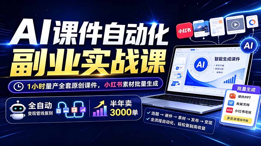 [AI人工智能]（19518期）AI课件自动化副业实战课：1小时量产全套原创课件×小红书素材批量生成×全自动变现管线×半年卖3000单