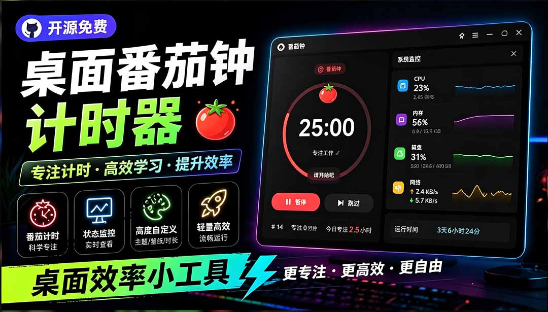 [其它资料]（19564期）仅1.16MB，开源极简的桌面时钟、番茄钟计时器，还支持系统监控显示，桌面效率小工具 Catime