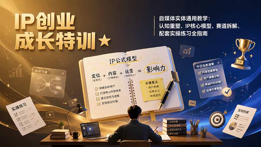 [新媒体]（19567期）IP创业成长特训&自媒体实体通用教学：认知重塑、IP核心模型、赛道拆解、配套实操练习全指南