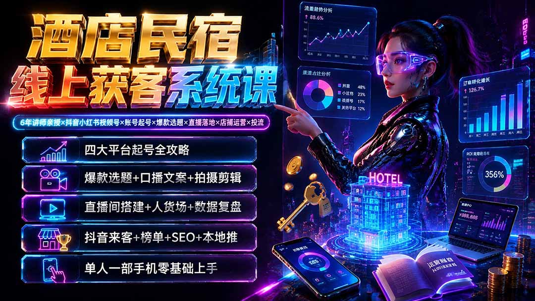 [引流涨粉]（19623期）酒店民宿线上获客系统课：6年讲师亲授×抖音小红书视频号×账号起号×爆款选题×直播落地×店铺运营×投流-第1张图片-智慧创业网
