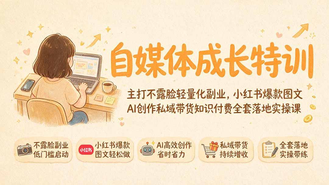 [新媒体]（19584期）自媒体成长特训｜主打不露脸轻量化副业，小红书爆款图文AI创作私域带货知识付费全套落地实操课-第1张图片-智慧创业网