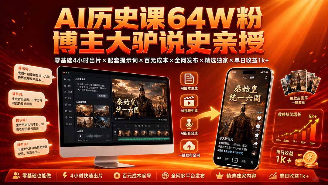 [短视频运营]（19557期）AI历史课64W粉博主大驴说史亲授：零基础4小时出片×配套提示词×百元成本×全网发布×精选独家×单日收益1k+