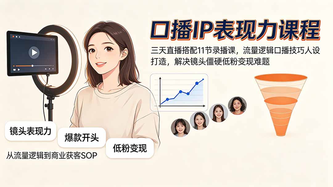 [营销-成交]（19604期）口播IP表现力课程｜三天直播搭配11节录播课，流量逻辑口播技巧人设打造，解决镜头僵硬低粉变现难题