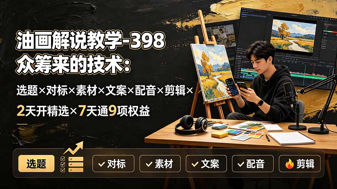 [短视频运营]（19587期）油画解说教学-398众筹来的技术-刯新：选题×对标×素材×文案×配音×剪辑×2天开精选×7天通9项权益-第1张图片-智慧创业网