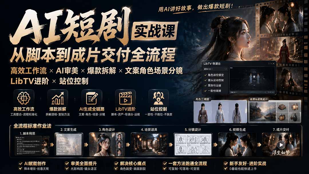 [AI人工智能]（19717期）AI短剧实战课：高效工作流×AI审美×爆款拆解×文案角色场景分镜×LibTV进阶×站位控制×从脚本到成片交付全流程