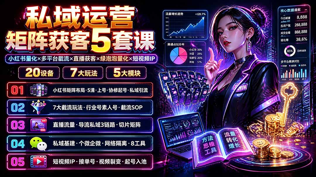 [引流涨粉]（19617期）私域运营矩阵获客5套课：小红书量化×多平台截流×直播获客×绿泡泡量化×短视频IP×20设备×7大玩法-第2张图片-智慧创业网