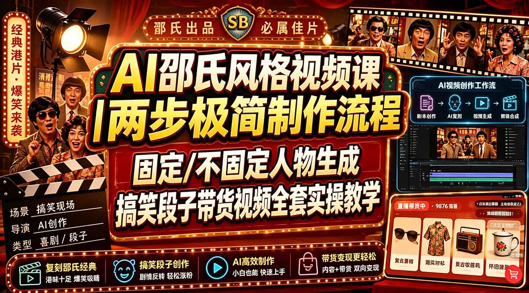 [短视频运营]（19602期）AI邵氏风格视频课｜两步极简制作流程，固定/不固定人物生成，搞笑段子带货视频全套实操教学-第2张图片-智慧创业网