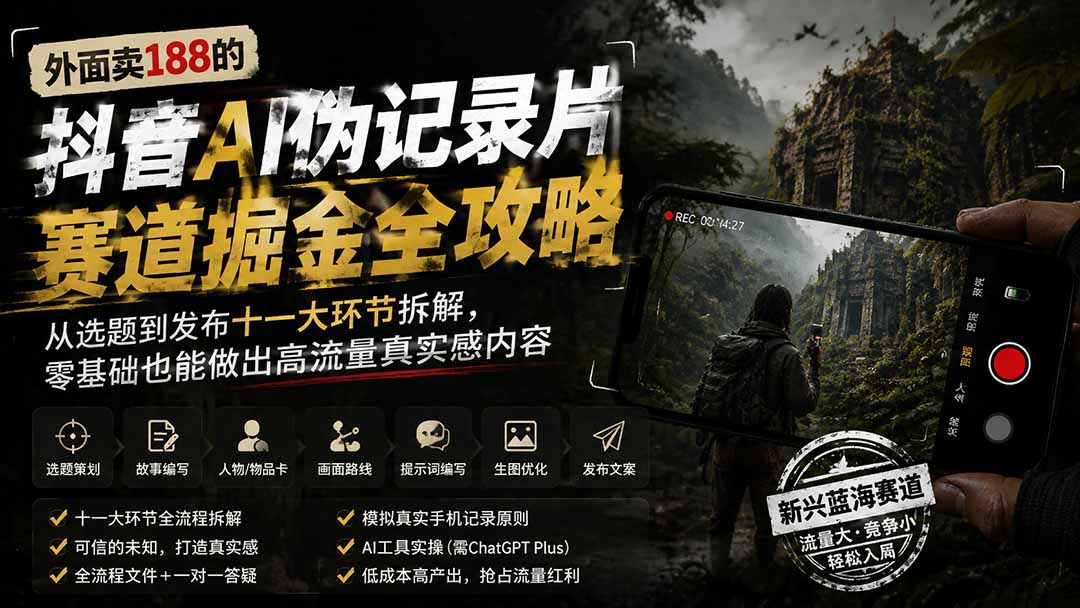 [短视频运营]（19744期）外面卖188的抖音AI伪记录片赛道掘金全攻略；从选题到发布十一大环节拆解，零基础也能做出高流量真实感内容-第2张图片-智慧创业网
