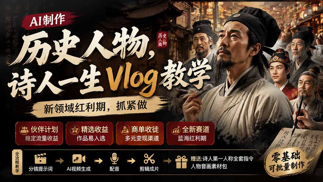 [短视频运营]（19758期）历史人物，诗人一生Vlog教学， AI制作丨伙伴计划丨精选收益丨商单收徒 ，新领域红利期，抓紧做