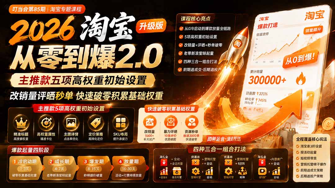 [国内电商]（19742期）2026淘宝从零到爆2.0第85期；主推款五项高权重初始设置，改销量评晒秒单快速破零积累基础权重-第1张图片-智慧创业网