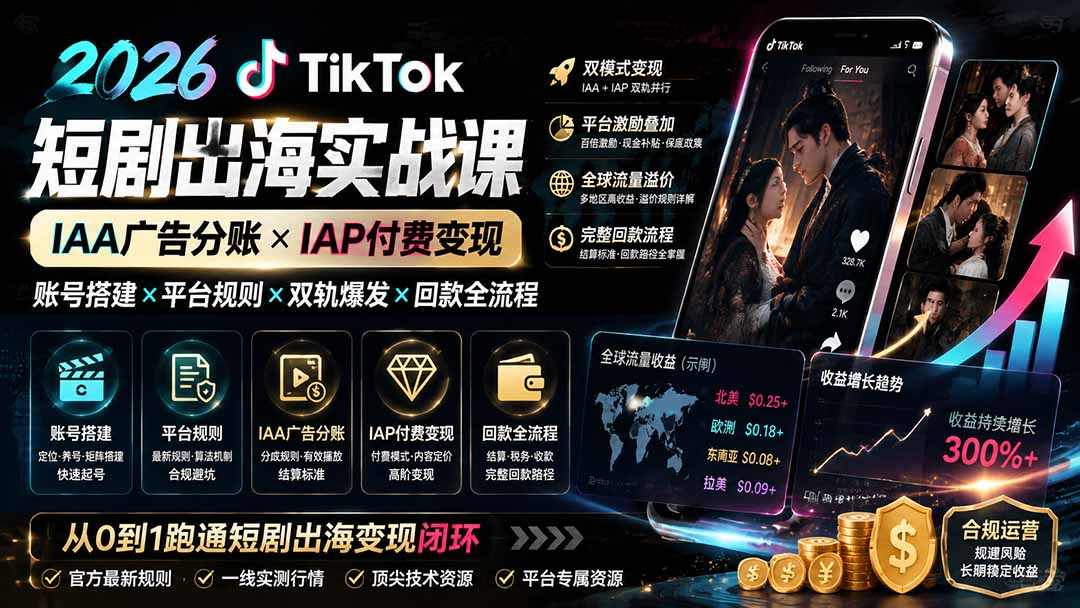 [国外项目]（19740期）2026TikTok短剧出海实战课：IAA广告分账×IAP付费变现×账号搭建×平台规则×双轨爆发×回款全流程-第2张图片-智慧创业网