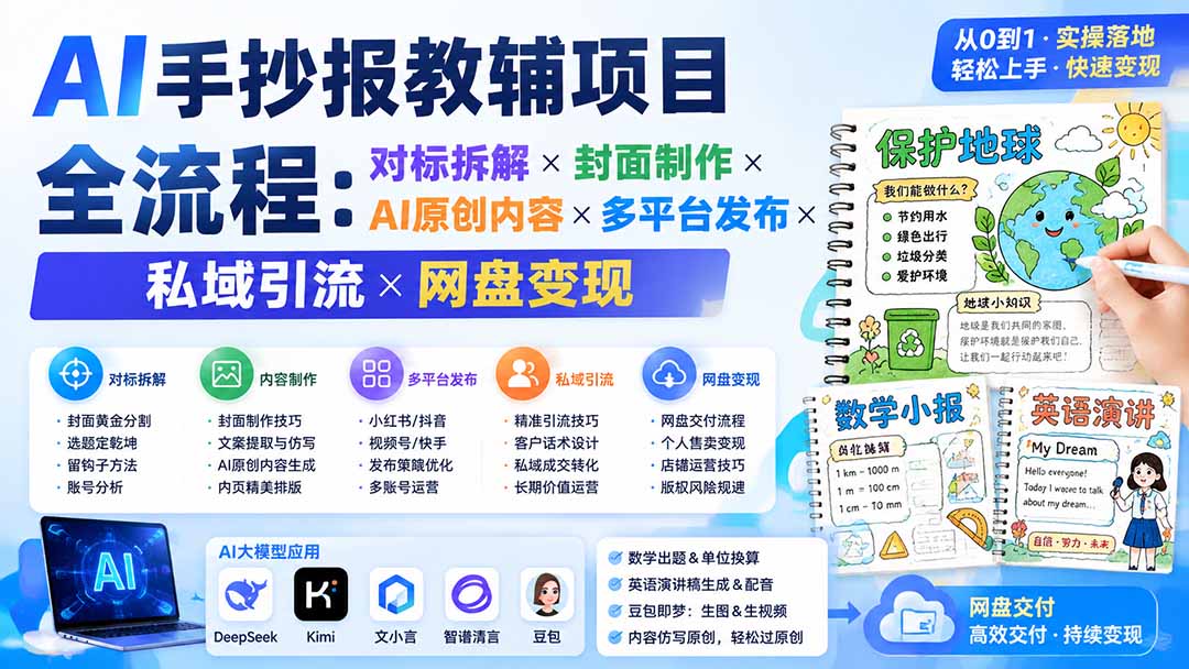 [AI人工智能]（19785期）AI手抄报教辅项目全流程：对标拆解×封面制作×AI原创内容×多平台发布×私域引流×网盘变现
