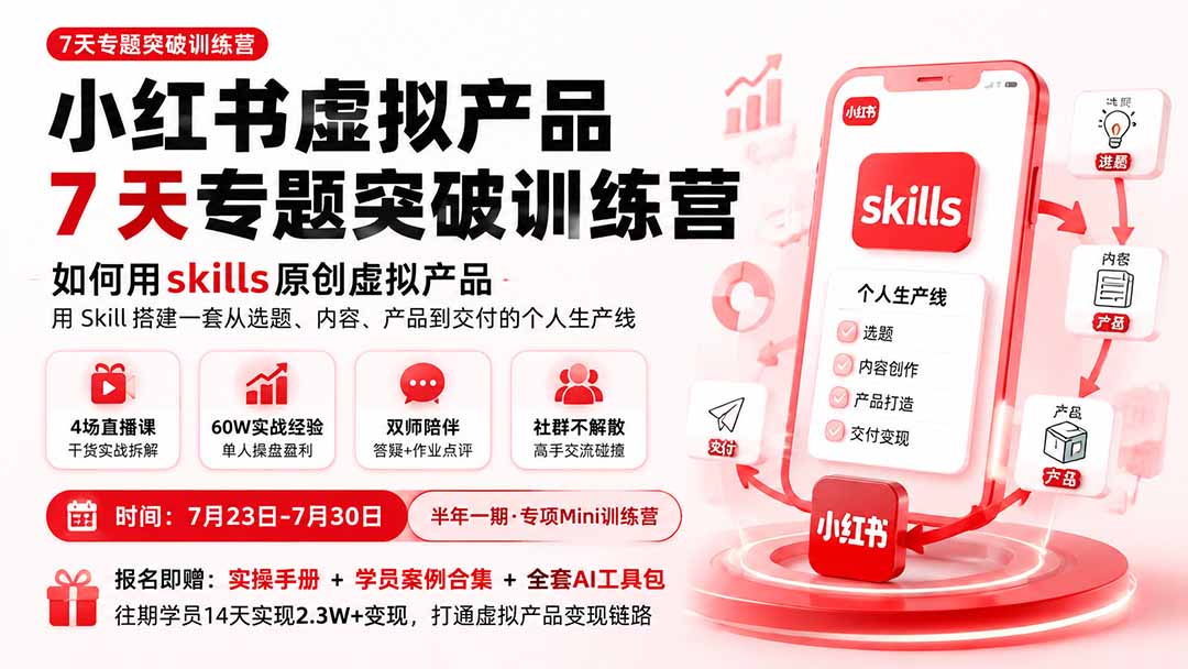 [小红书]（19817期）小红书虚拟产品7天专题突破训练营，如何用skills原创虚拟产品，用Skil搭建一套从选题、内容、产品到交付的个人生产线