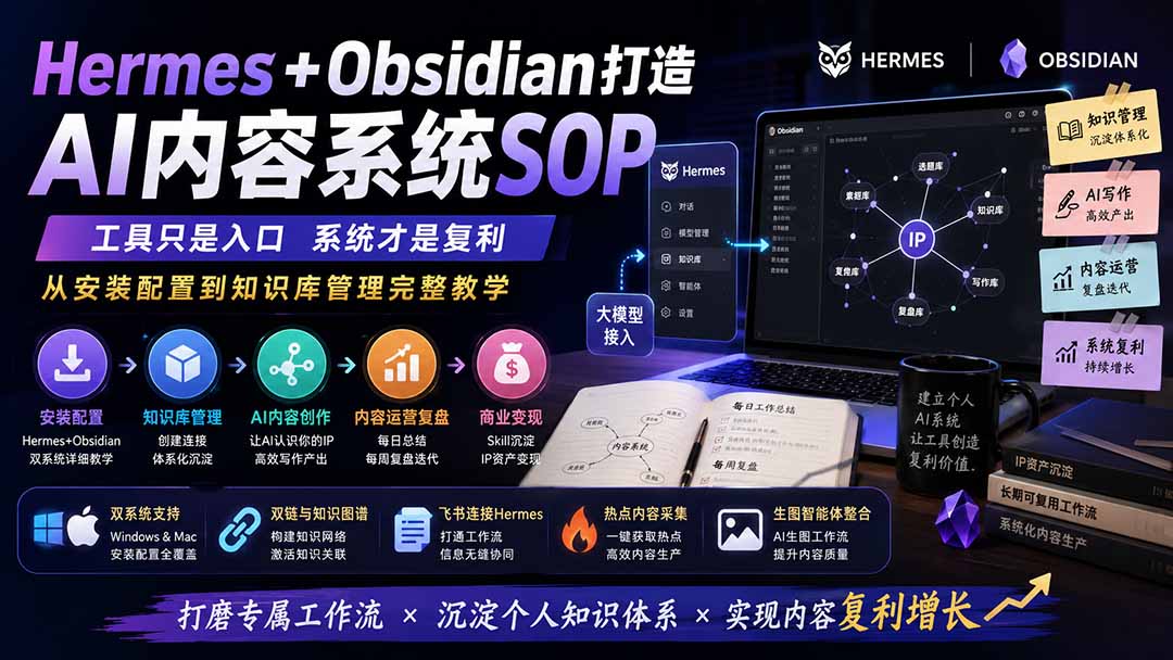 [AI人工智能]（19861期）Hermes+Obsidian打造AI内容系统SOP；工具只是入口系统才是复利，从安装配置到知识库管理完整教学