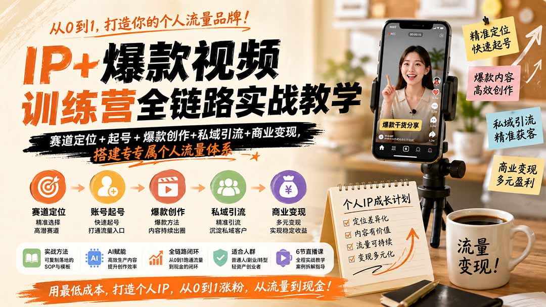 [短视频运营]（19860期）IP+爆款视频训练营全链路实战教学；赛道定位+起号+爆款创作+私域引流+商业变现，搭建专属个人流量体系