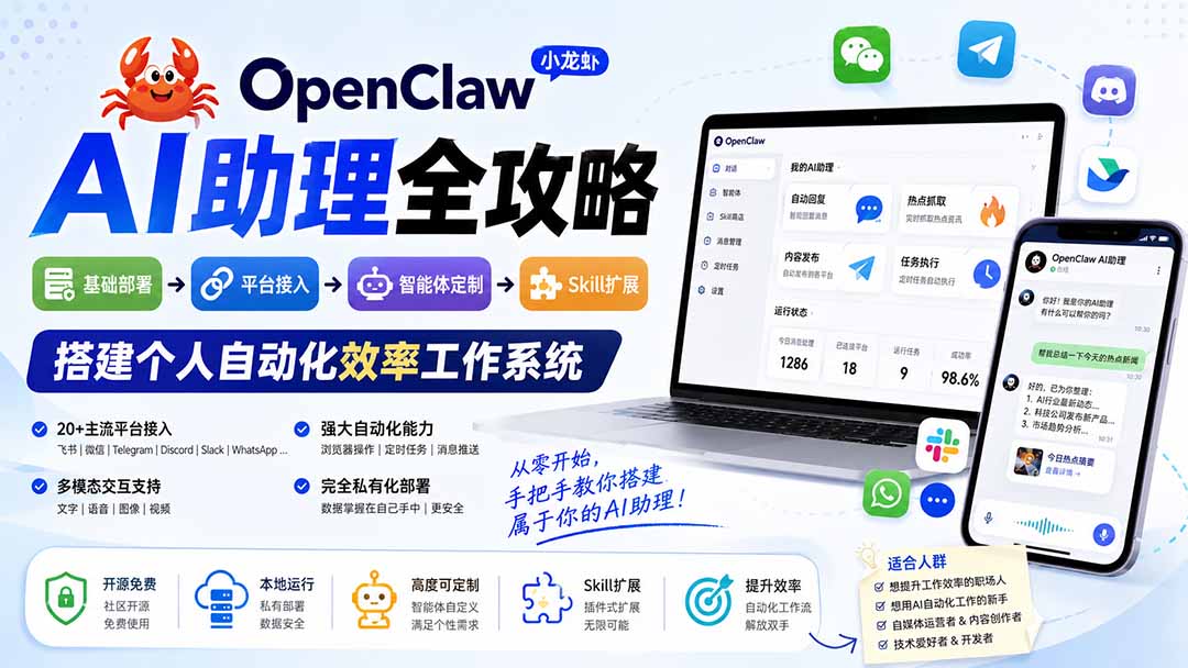 [AI人工智能]（19889期）OpenClaw小龙虾 AI助理全攻略：基础部署→平台接入→智能体定制→Skill扩展，搭建个人自动化效率工作系统-第2张图片-智慧创业网
