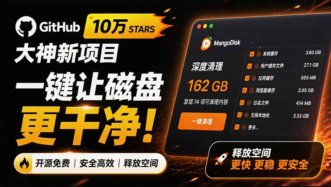 [其它资料]（19894期）在Gtihub上做出10万 stars 的大神，又发布新项目了！一键让磁盘更干净，开源免费清理工具 MangoDisk