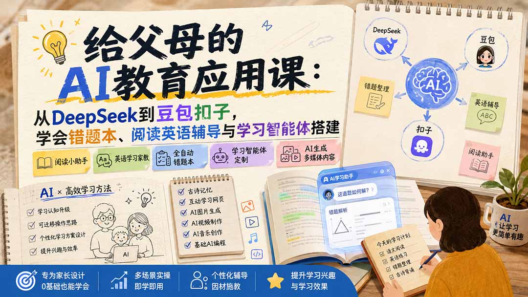 [AI人工智能]（19890期）给父母的AI教育应用课：从DeepSeek到豆包扣子，学会错题本、阅读英语辅导与学习智能体搭建
