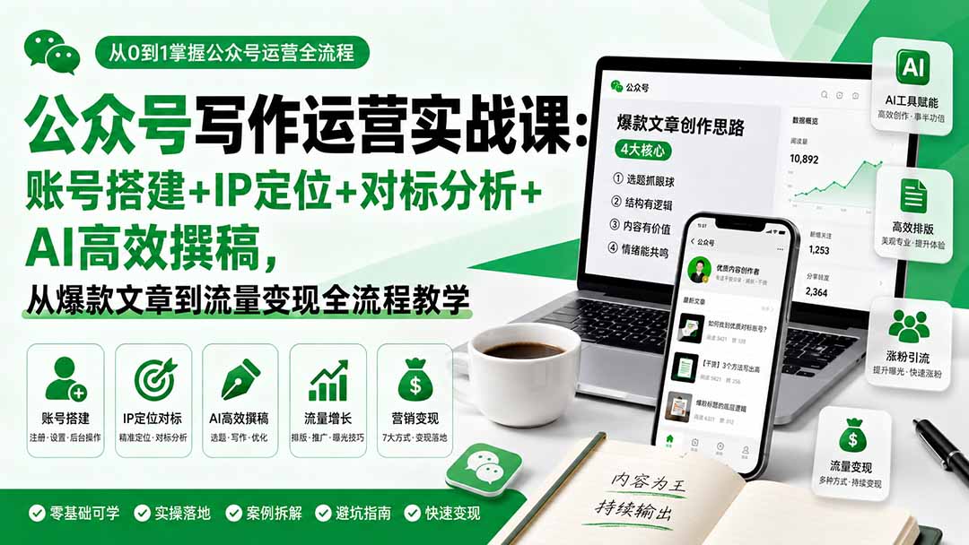 [公众号]（19914期）公众号写作运营实战课：账号搭建+IP定位+对标分析+AI高效撰稿，从爆款文章到流量变现全流程教学-第2张图片-智慧创业网