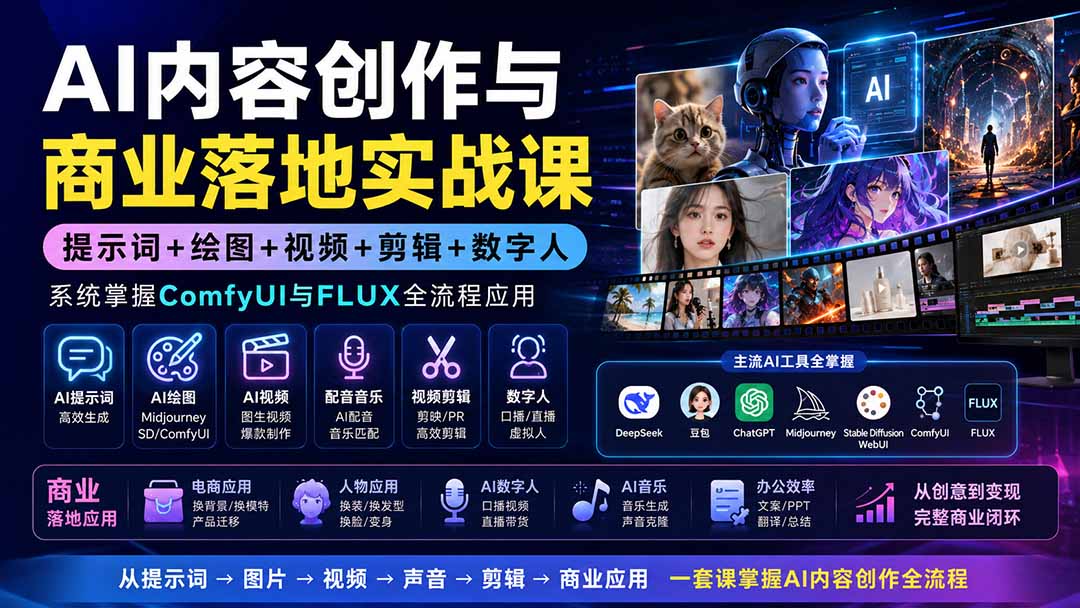 [AI人工智能]（19913期）AI内容创作与商业落地实战课：提示词+绘图+视频+剪辑+数字人，系统掌握ComfyUI与FLUX全流程应用-第2张图片-智慧创业网