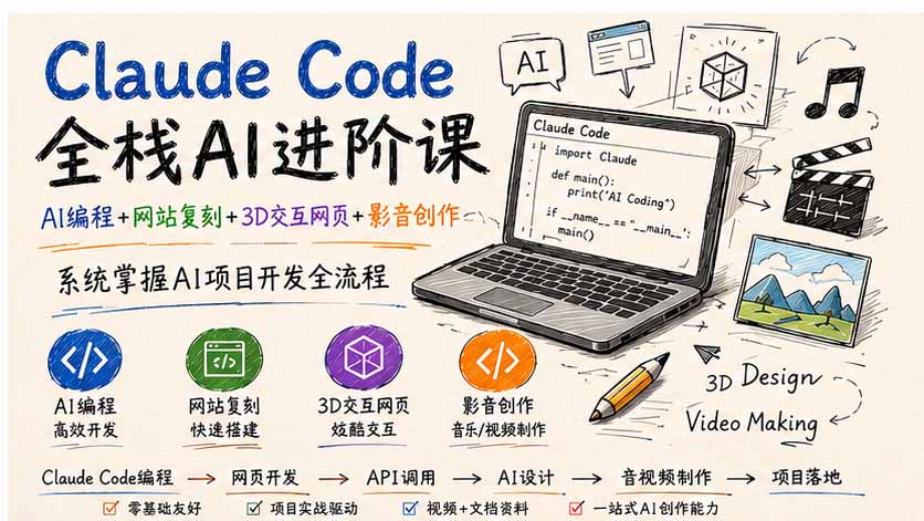 [AI人工智能]（19735期）Claude Code全栈AI进阶课；AI编程+网站复刻+3D交互网页+影音创作，系统掌握AI项目开发全流程