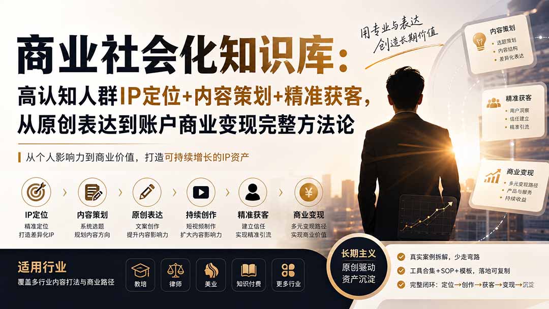 [创业项目]（19733期）商业社会化知识库：高认知人群IP定位+内容策划+精准获客，从原创表达到账户商业变现完整方法论
