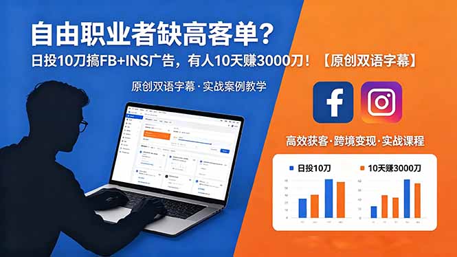 [国外项目]（18489期）自由职业者缺高客单？日投 10 刀搞 FB+INS 广告，有人 10 天赚 3000 刀！【原创双语字幕】