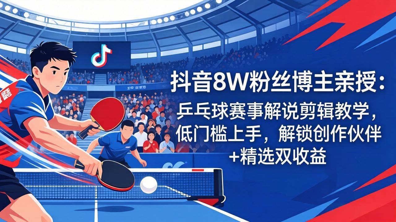 [短视频运营]（18069期）抖音8W粉丝博主亲授：乒乓球赛事解说剪辑教学，低门槛上手，解锁创作伙伴+精选双收益