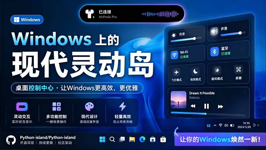 [其它资料]（19104期）Windows也能拥有桌面灵动岛！现代化的系统控制中心，让你的电脑多个黑刘海，PyIsland-第1张图片-智慧创业网
