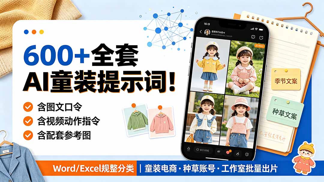 [其它资料]（19302期）600+全套AI童装提示词！含图文口令+视频动作指令+配套参考图，Word/Excel规整分类，童装电商、种草无脑量产内容-第1张图片-智慧创业网