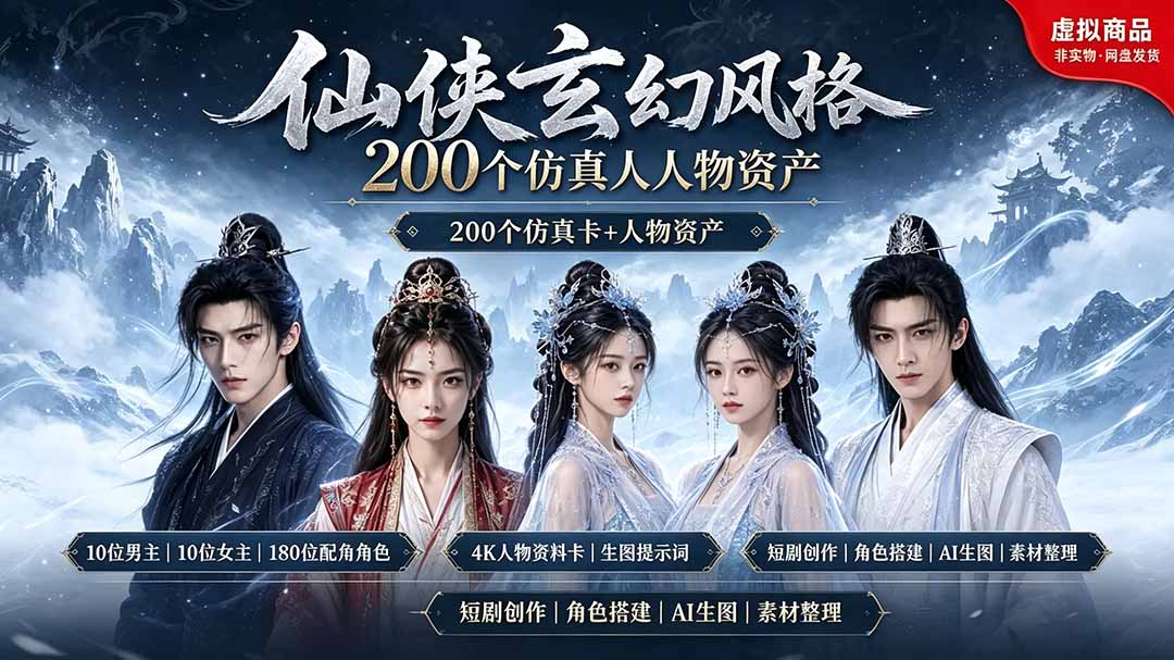 [其它资料]（19301期）200个仙侠玄幻仿真人素材◆10男主×10女主×180配角，4K资料卡+AI生图提示词，漫剧必备-第1张图片-智慧创业网