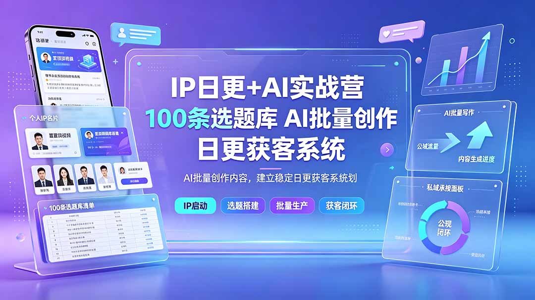 [引流涨粉]（19353期）IP日更+AI实战营：IP置顶视频制作×100条选题库搭建×10条日更规划，AI批量创作内容，建立稳定日更获客系统-第1张图片-智慧创业网